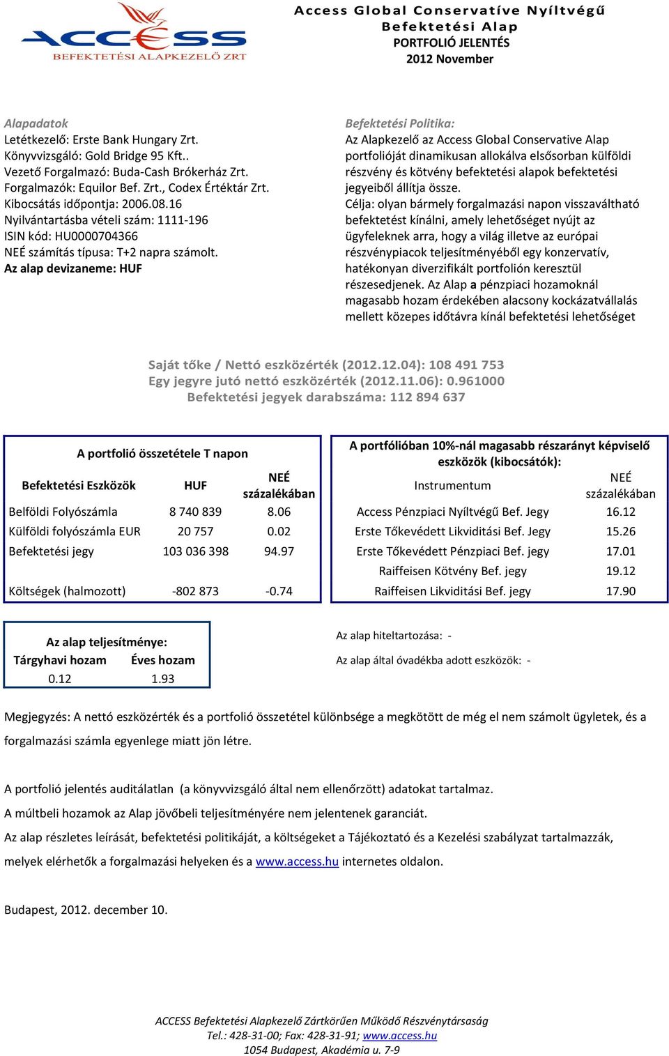 Az Alapkezelő az Access Global Conservative Alap portfolióját dinamikusan allokálva elsősorban külföldi részvény és kötvény befektetési alapok befektetési jegyeiből állítja össze.