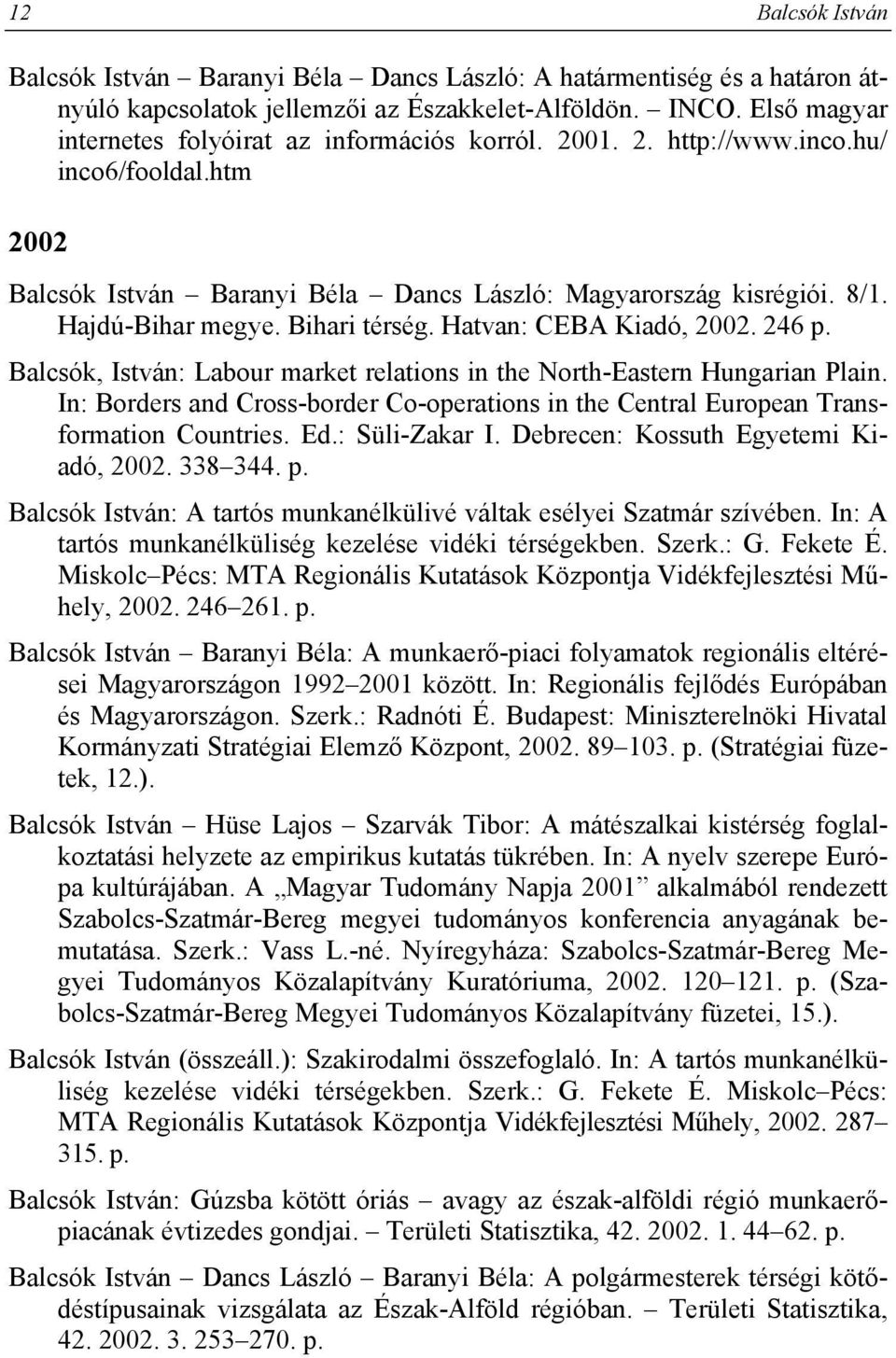 Bihari térség. Hatvan: CEBA Kiadó, 2002. 246 p. Balcsók, István: Labour market relations in the North-Eastern Hungarian Plain.
