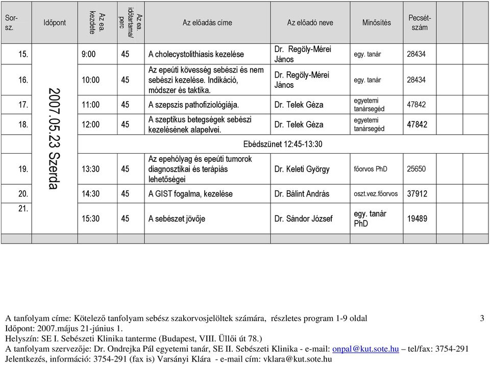 13:30 45 A szeptikus betegségek sebészi kezelésének alapelvei. Az epehólyag és epeúti tumorok diagnosztikai és terápiás lehetőségei Dr. Telek Géza egy. tanár 28434 egy.