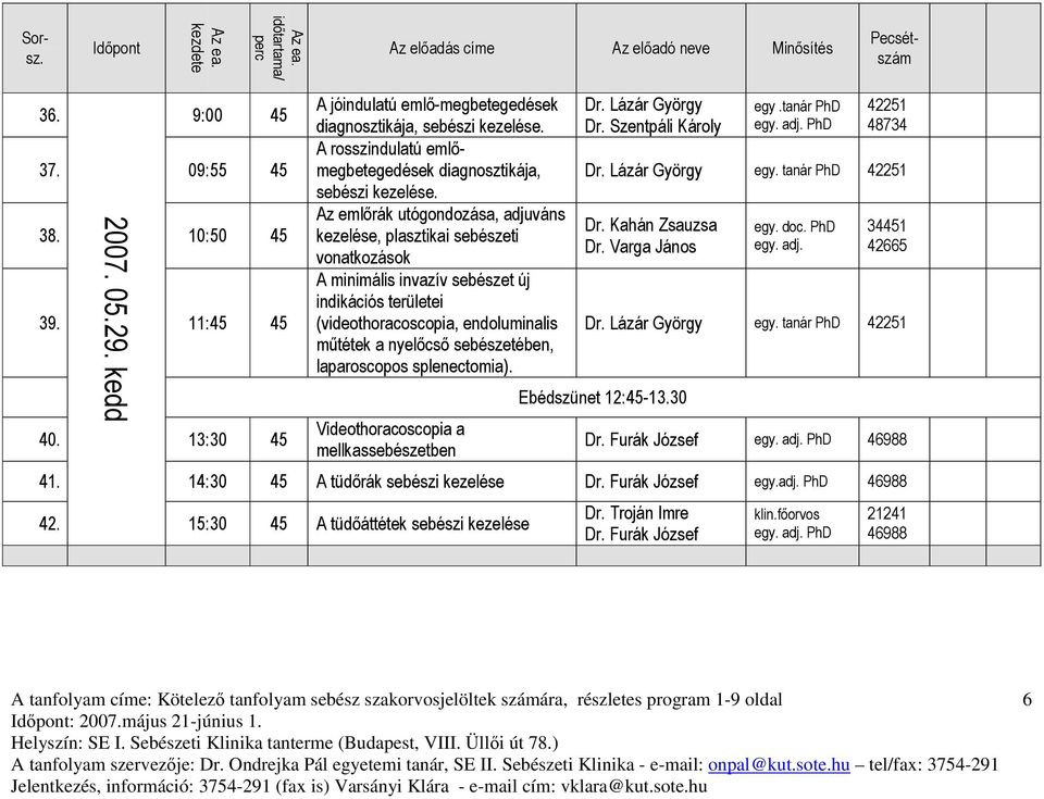 Az emlőrák utógondozása, adjuváns kezelése, plasztikai sebészeti vonatkozások A minimális invazív sebészet új indikációs területei (videothoracoscopia, endoluminalis műtétek a nyelőcső sebészetében,