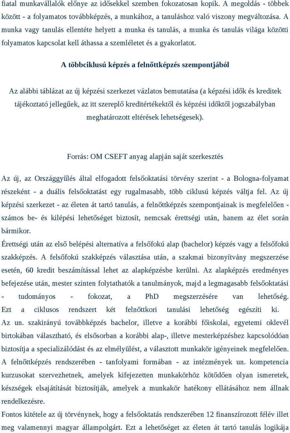 A többciklusú képzés a felnőttképzés szempontjából Az alábbi táblázat az új képzési szerkezet vázlatos bemutatása (a képzési idők és kreditek tájékoztató jellegűek, az itt szereplő kreditértékektől