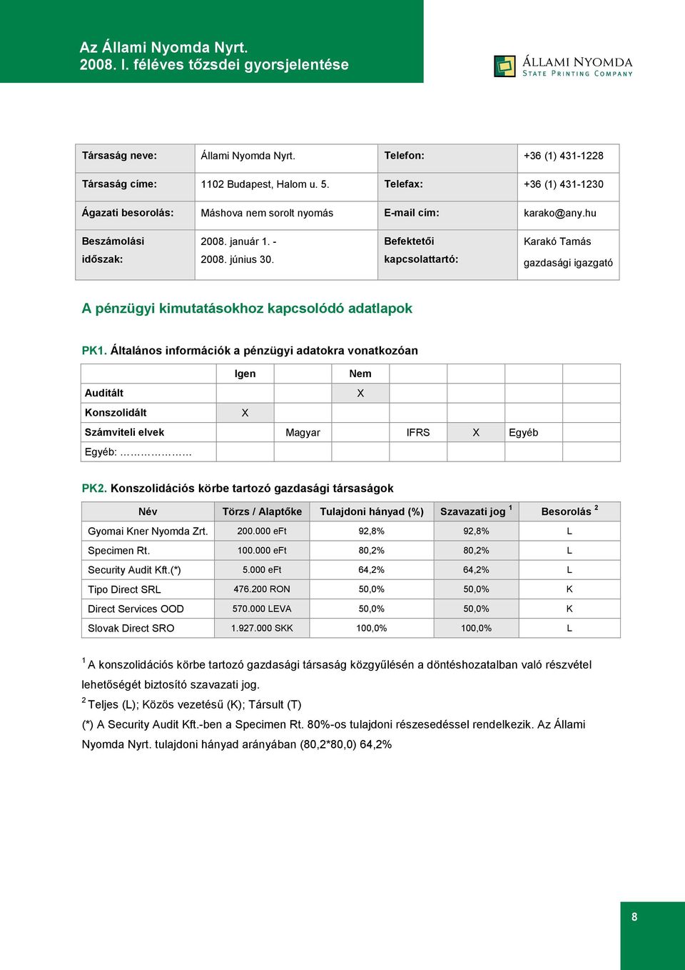 Általános információk a pénzügyi adatokra vonatkozóan Igen Nem Auditált X Konszolidált X Számviteli elvek Magyar IFRS X Egyéb Egyéb: PK2.