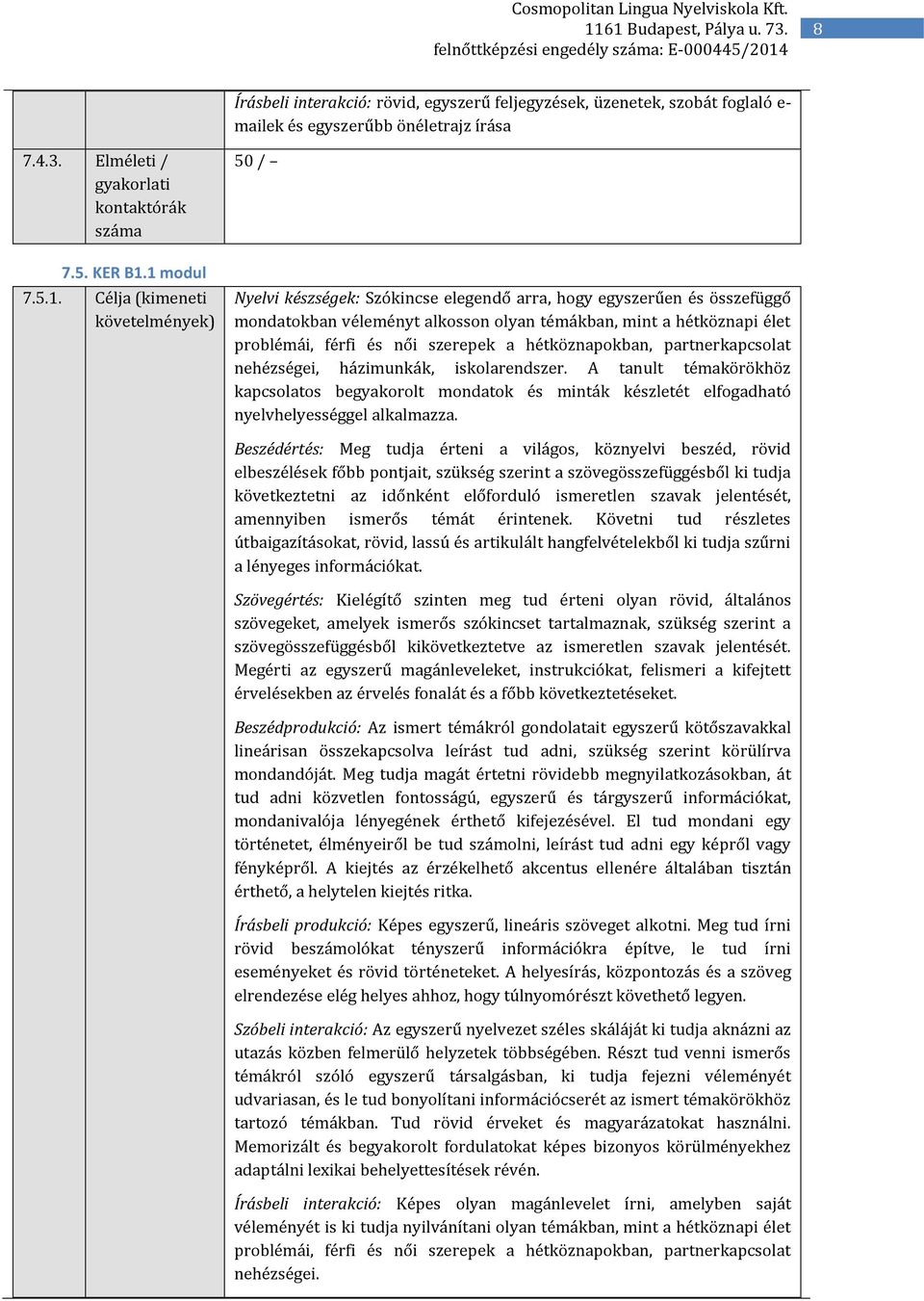 szerepek a hétköznapokban, partnerkapcsolat nehézségei, házimunkák, iskolarendszer. A tanult témakörökhöz kapcsolatos begyakorolt mondatok és minták készletét elfogadható nyelvhelyességgel alkalmazza.