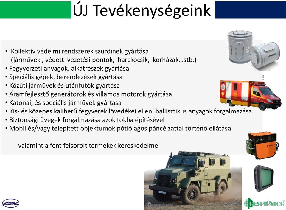 villamos motorok gyártása Katonai, és speciális járművek gyártása Kis- és közepes kaliberű fegyverek lövedékei elleni ballisztikus anyagok forgalmazása