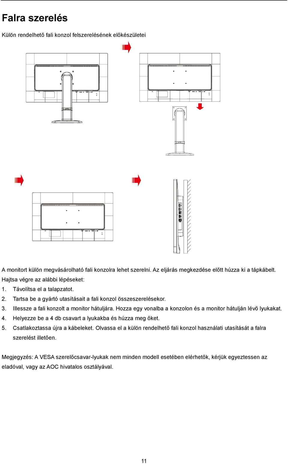 Hozza egy vonalba a konzolon és a monitor hátulján lévő lyukakat. 4. Helyezze be a 4 db csavart a lyukakba és húzza meg őket. 5. Csatlakoztassa újra a kábeleket.