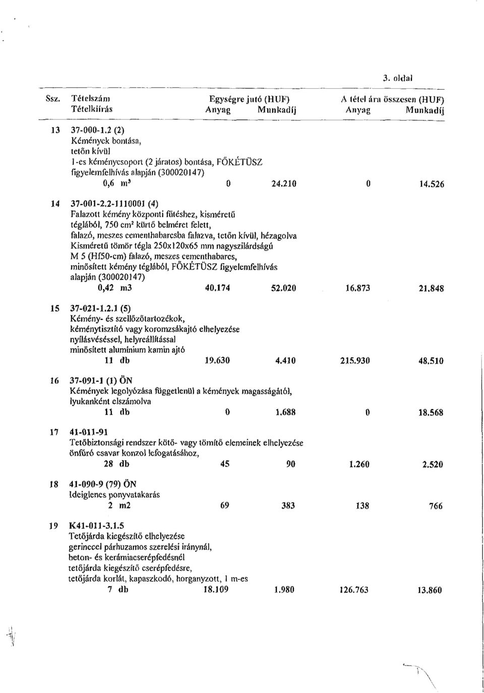 2-1110003 (4) Falazott kémény központi fűtéshez, kisméretű téglából, 750 cm 2 kürtő belméret felett, falazó, meszes cementhabarcsba falazva, tetőn kívül, hézagolva Kisméretű tömör tégla 250x120x65 mm