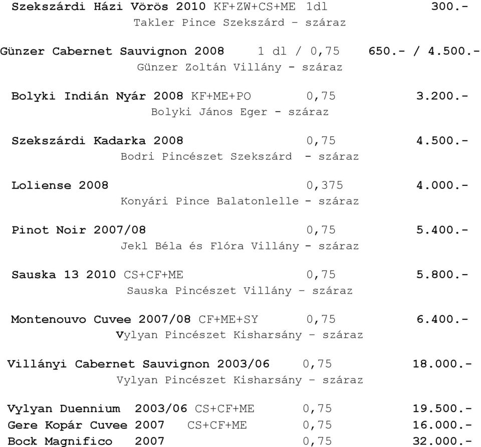 000.- Konyári Pince Balatonlelle - száraz Pinot Noir 2007/08 0,75 5.400.- Jekl Béla és Flóra Villány - száraz Sauska 13 2010 CS+CF+ME 0,75 5.800.