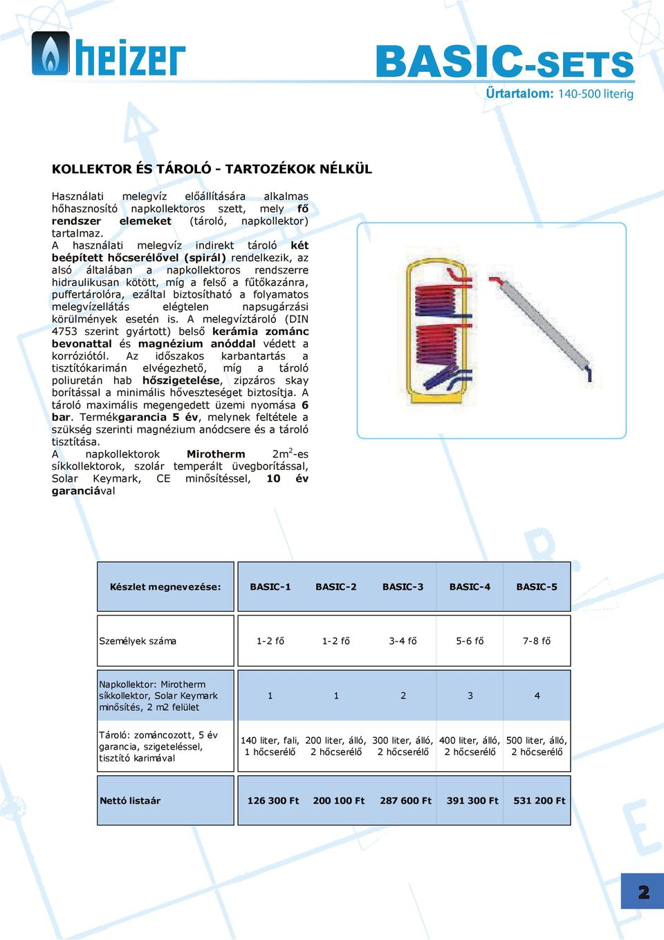 A használati melegvíz indirekt tároló két beépített hőcserélővel (spirál) rendelkezik, az alsó általában a napkollektoros rendszerre hidraulikusan kötött, míg a felső a fűtőkazánra, puffertárolóra,