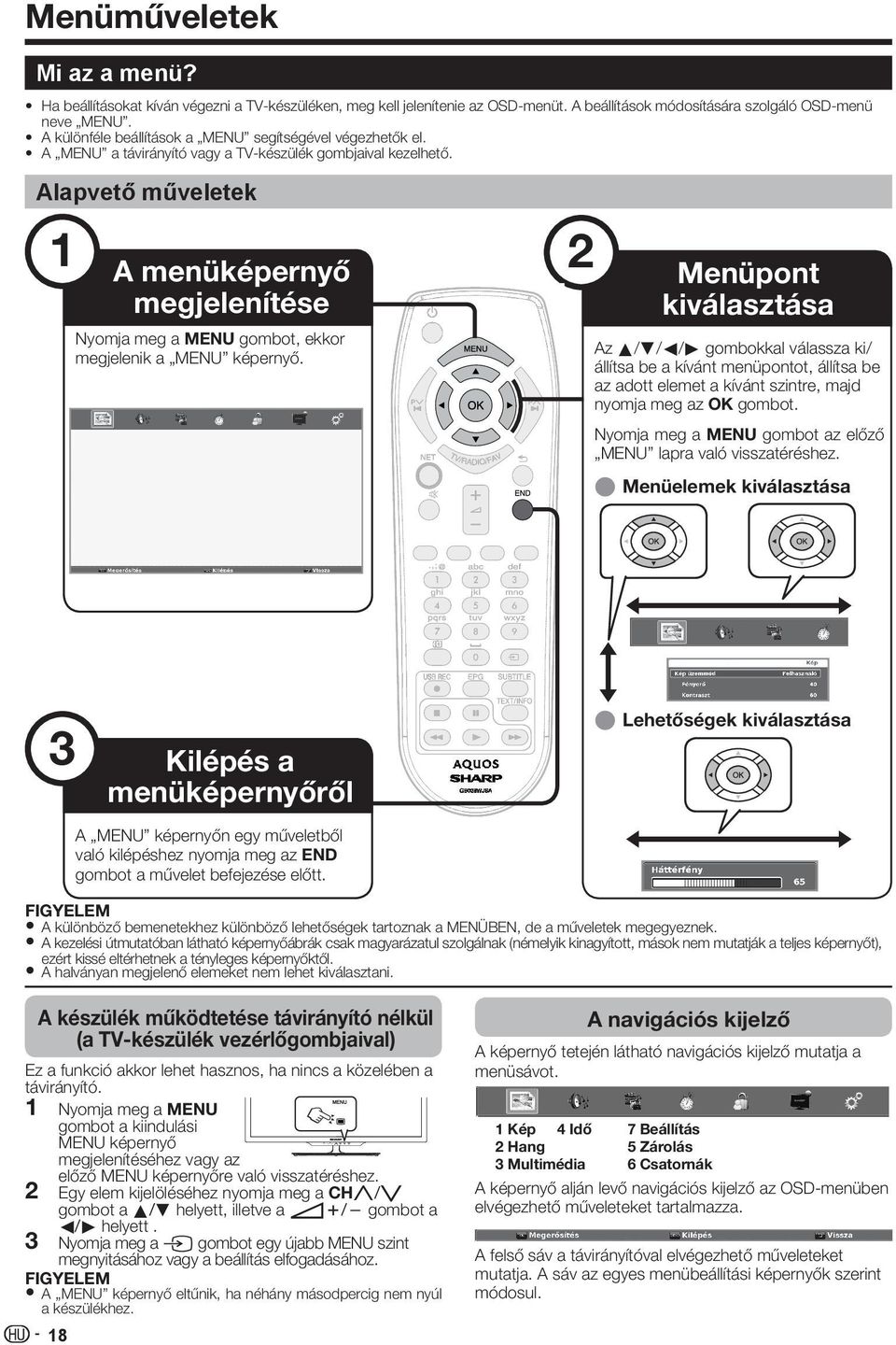 Alapvető műveletek 1 A menüképernyő megjelenítése Nyomja meg a MENU gombot, ekkor megjelenik a MENU képernyő.