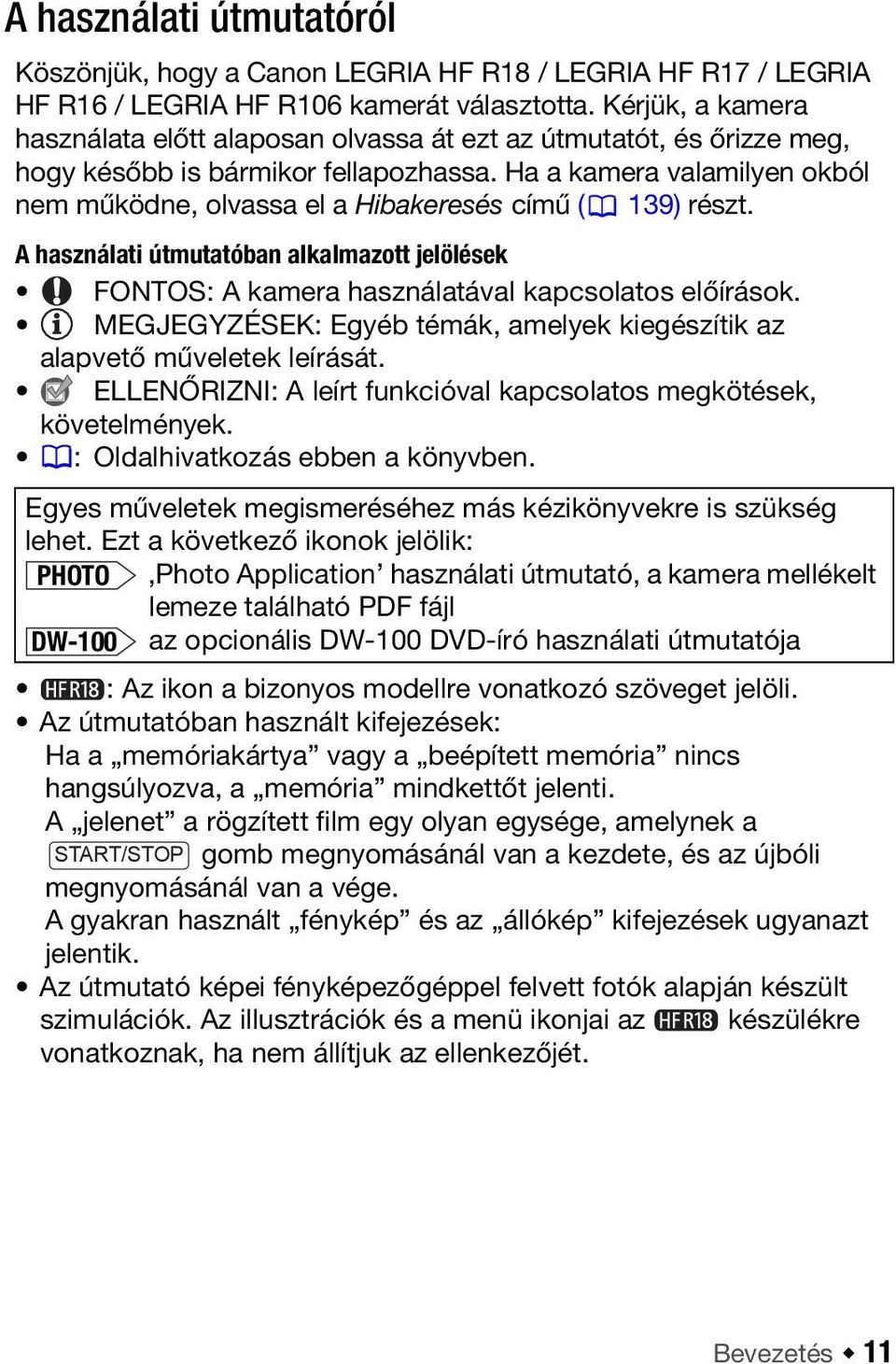 Ha a kamera valamilyen okból nem működne, olvassa el a Hibakeresés című ( 139) részt. A használati útmutatóban alkalmazott jelölések FONTOS: A kamera használatával kapcsolatos előírások.