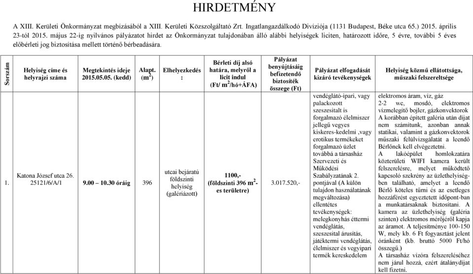 1. (m 2 ) Katona József utca 26. 25121/6/A/1 9.00 10.30 óráig 396 földszinti helyiség (galériázott) (Ft/ m 2 /hó+áfa) 1100,- (földszinti 396 m 2 - es területre) 3.017.