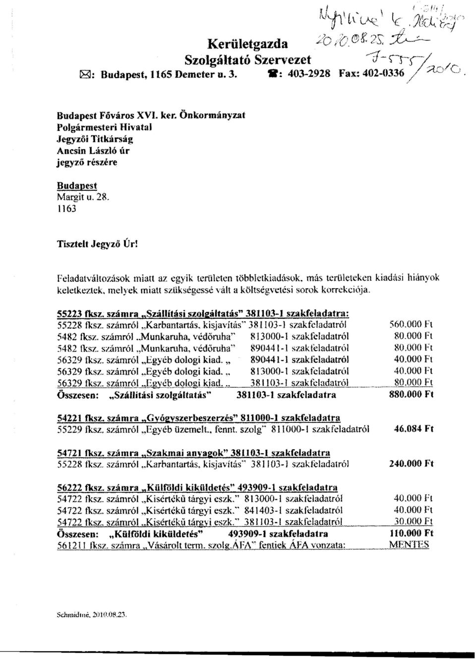Feladatváltozások miatt az egyik területen többletkiadások, más területeken kiadási hiányok keletkeztek, melyek miatt szükségessé vált a költségvetési sorok korrekciója. 5S223 fksz.