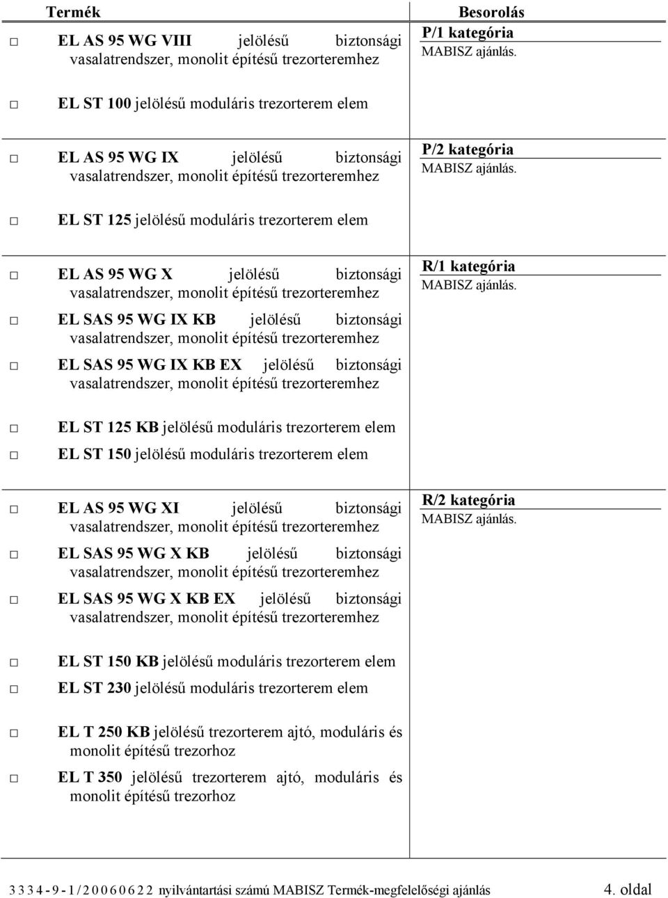 ST 150 jelölésű moduláris trezorterem elem EL AS 95 WG XI jelölésű biztonsági EL SAS 95 WG X KB jelölésű biztonsági EL SAS 95 WG X KB EX jelölésű biztonsági R/2 kategória EL ST 150 KB jelölésű