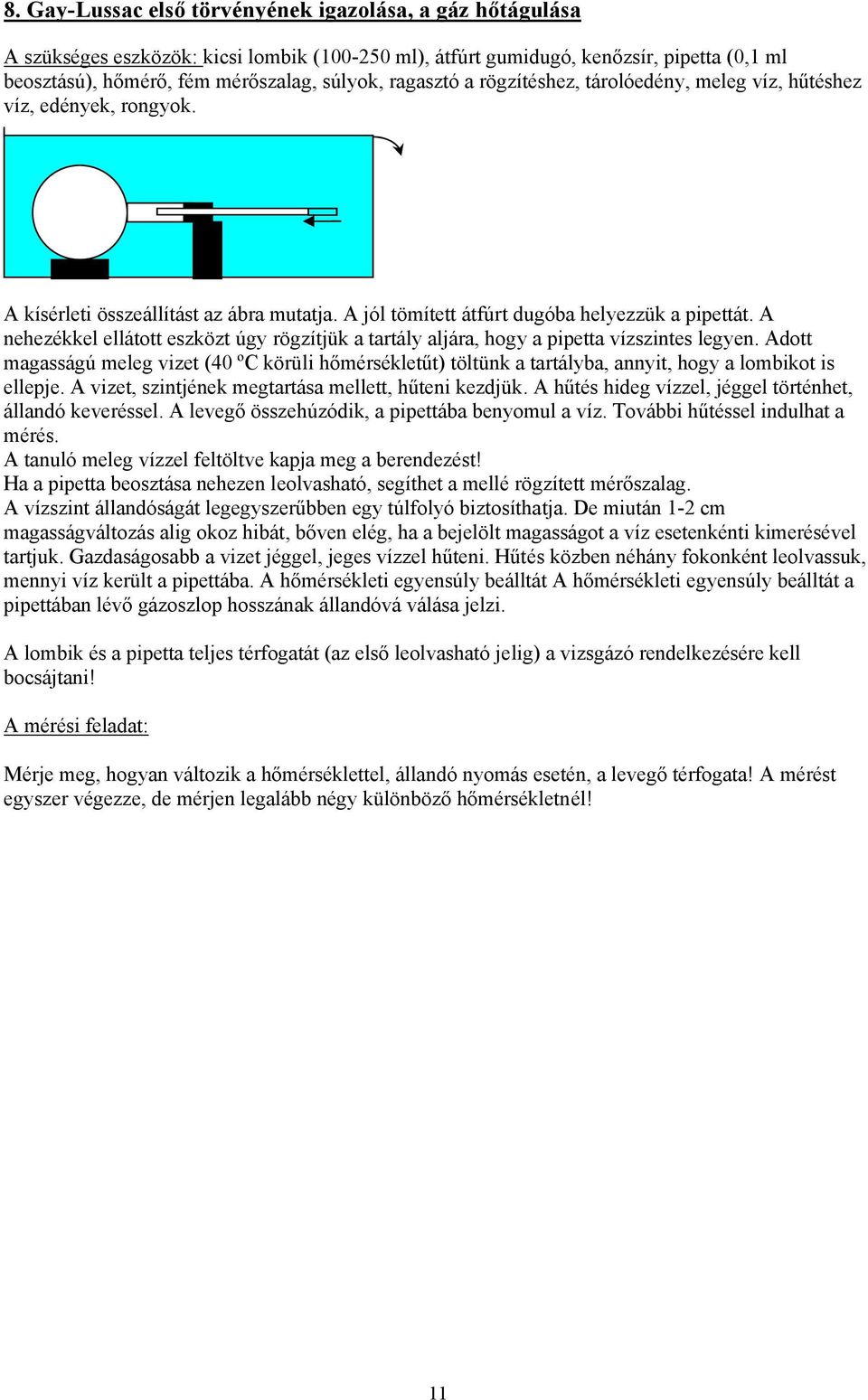 A nehezékkel ellátott eszközt úgy rögzítjük a tartály aljára, hogy a pipetta vízszintes legyen.