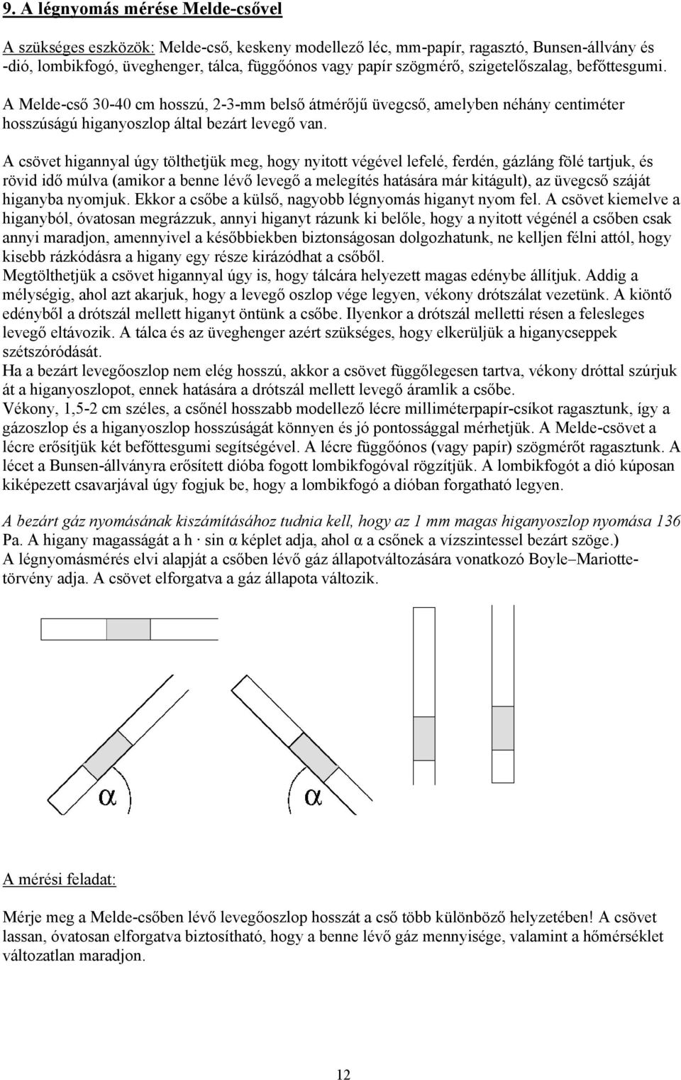 A csövet higannyal úgy tölthetjük meg, hogy nyitott végével lefelé, ferdén, gázláng fölé tartjuk, és rövid idő múlva (amikor a benne lévő levegő a melegítés hatására már kitágult), az üvegcső száját