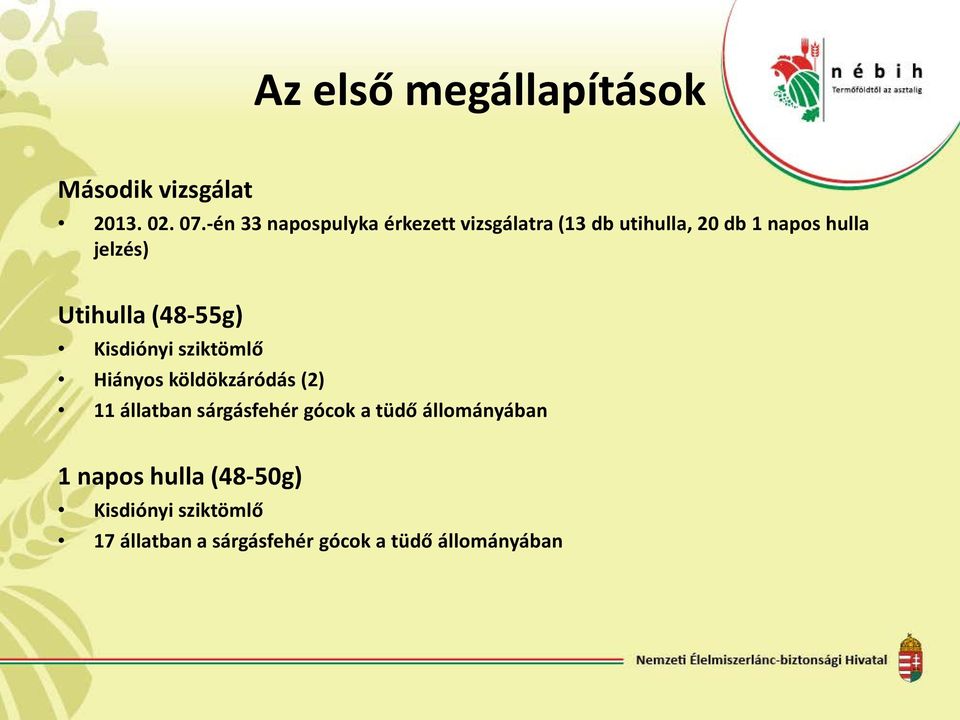 Utihulla (48-55g) Kisdiónyi sziktömlő Hiányos köldökzáródás (2) 11 állatban