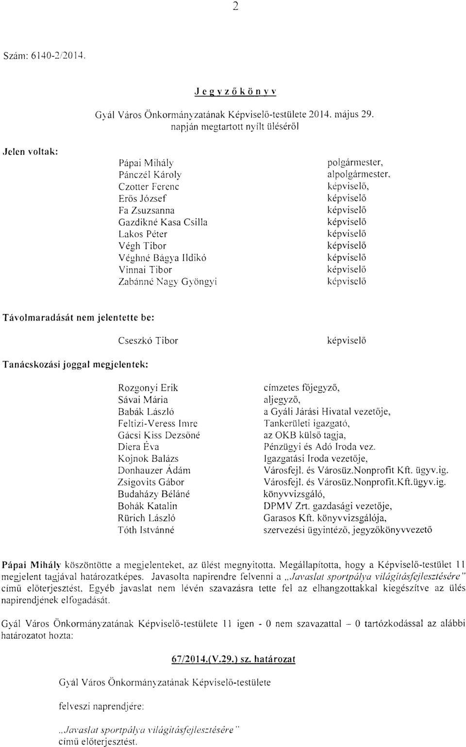 Nagy Gyöngyi polgármester, alpolgármester,, Távolmaradását nem jelentette be: Cseszkó Tibor Tanácskozási joggal megjelentek: Rozgonyi Erik Sávai Mária Babák László Feltizi-Veress Imre Gácsi Kiss