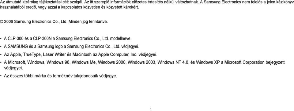 Minden jog fenntartva. A CLP-300 és a CLP-300N a Samsung Electronics Co., Ltd. modellneve. A SAMSUNG és a Samsung logo a Samsung Electronics Co., Ltd. védjegyei.