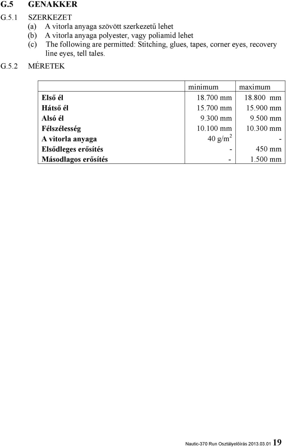 MÉRETEK minimum maximum Első él 18.700 mm 18.800 mm Hátső él 15.700 mm 15.900 mm Alsó él 9.300 mm 9.500 mm Félszélesség 10.
