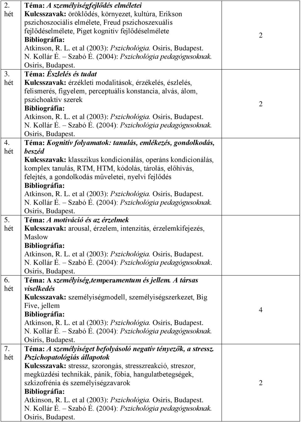 R. L. et al (003): Pszichológia. N. Kollár É. Szabó É. (004): Pszichológia pedagógusoknak.