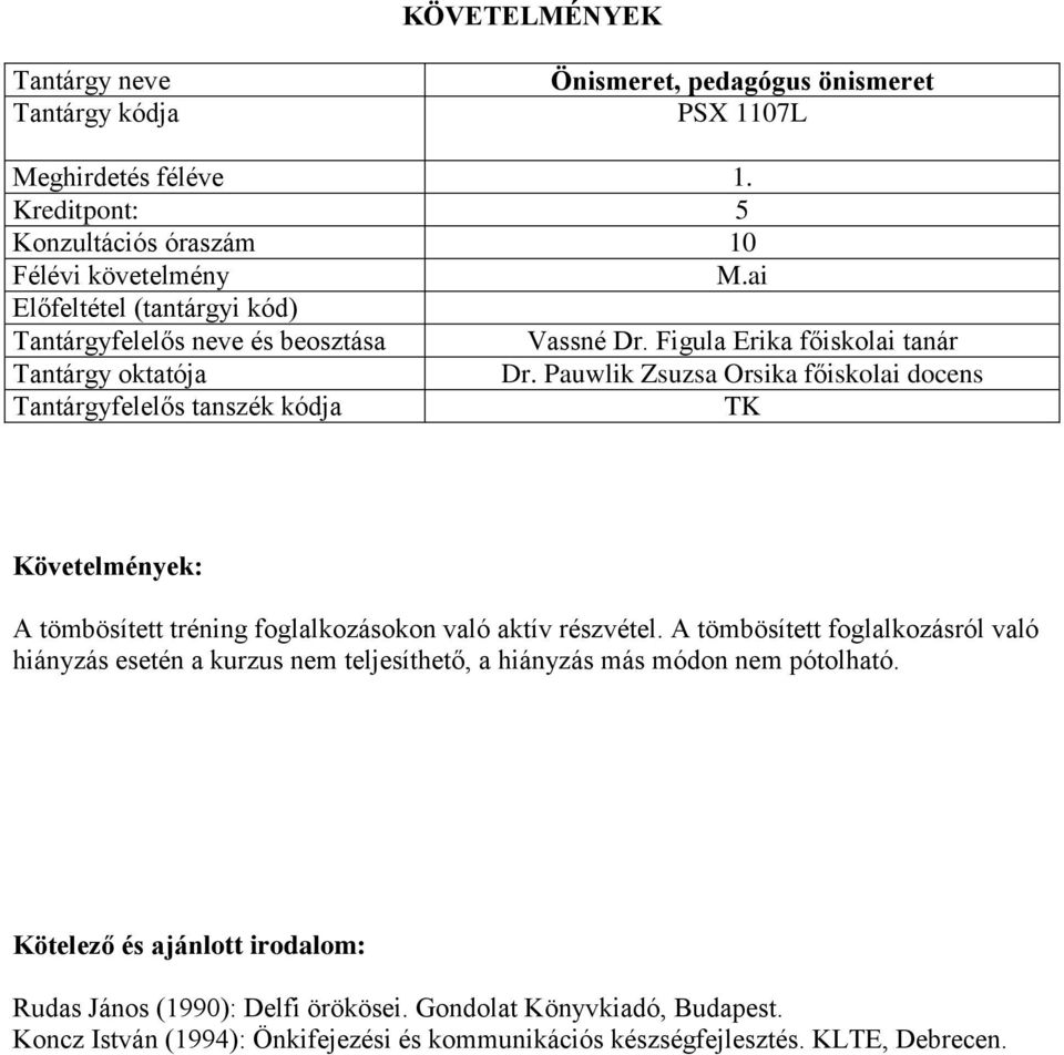 Figula Erika főiskolai tanár A tömbösített tréning foglalkozásokon való aktív részvétel.