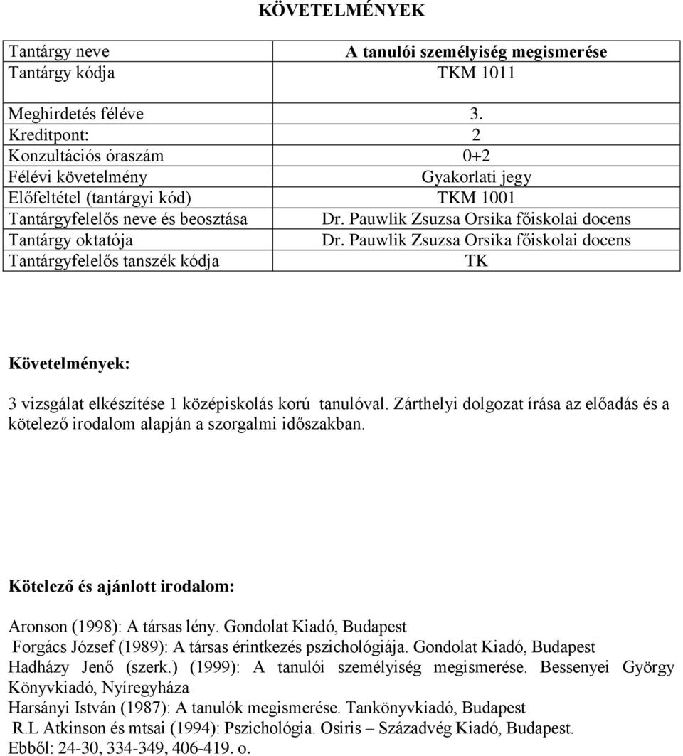 Zárthelyi dolgozat írása az előadás és a kötelező irodalom alapján a szorgalmi időszakban. Aronson (1998): A társas lény.