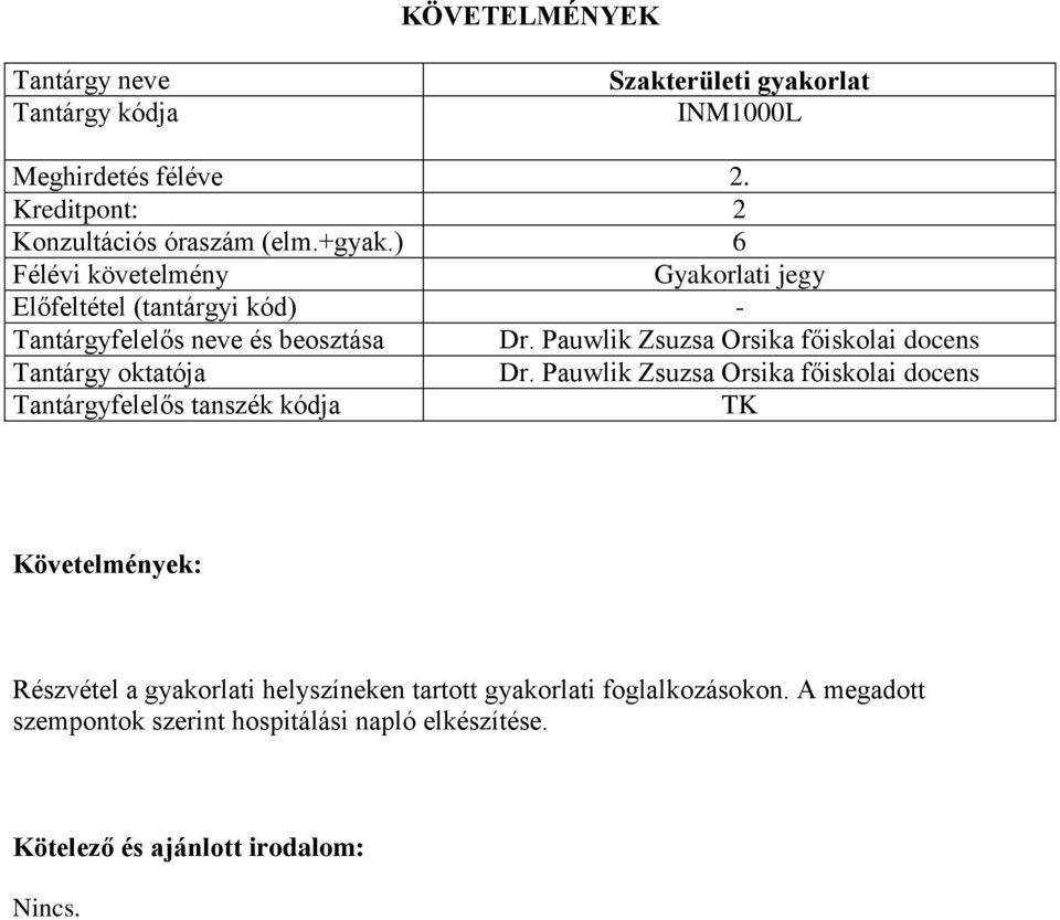 ) 6 - Tantárgyfelelős neve és beosztása Részvétel a gyakorlati