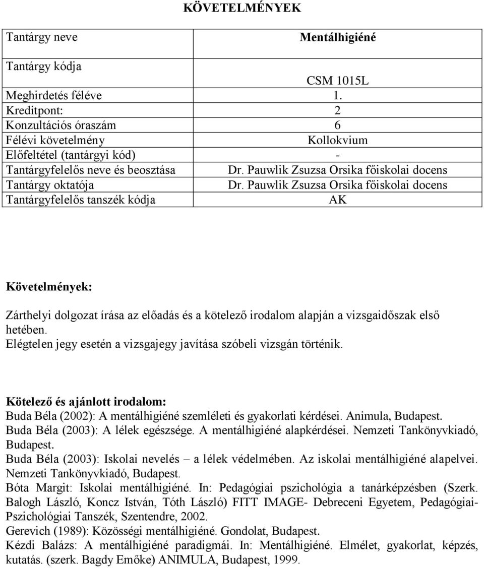 Elégtelen jegy esetén a vizsgajegy javítása szóbeli vizsgán történik. Buda Béla (2002): A mentálhigiéné szemléleti és gyakorlati kérdései. Animula, Budapest. Buda Béla (2003): A lélek egészsége.