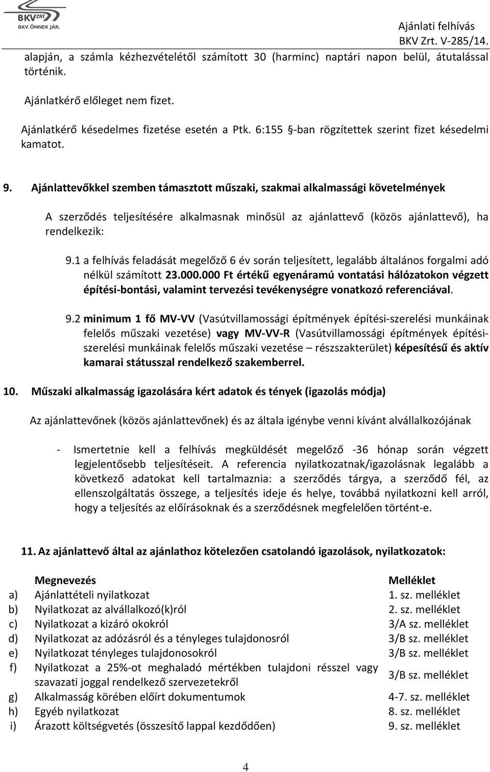 Ajánlattevőkkel szemben támasztott műszaki, szakmai alkalmassági követelmények A szerződés teljesítésére alkalmasnak minősül az ajánlattevő (közös ajánlattevő), ha rendelkezik: 9.