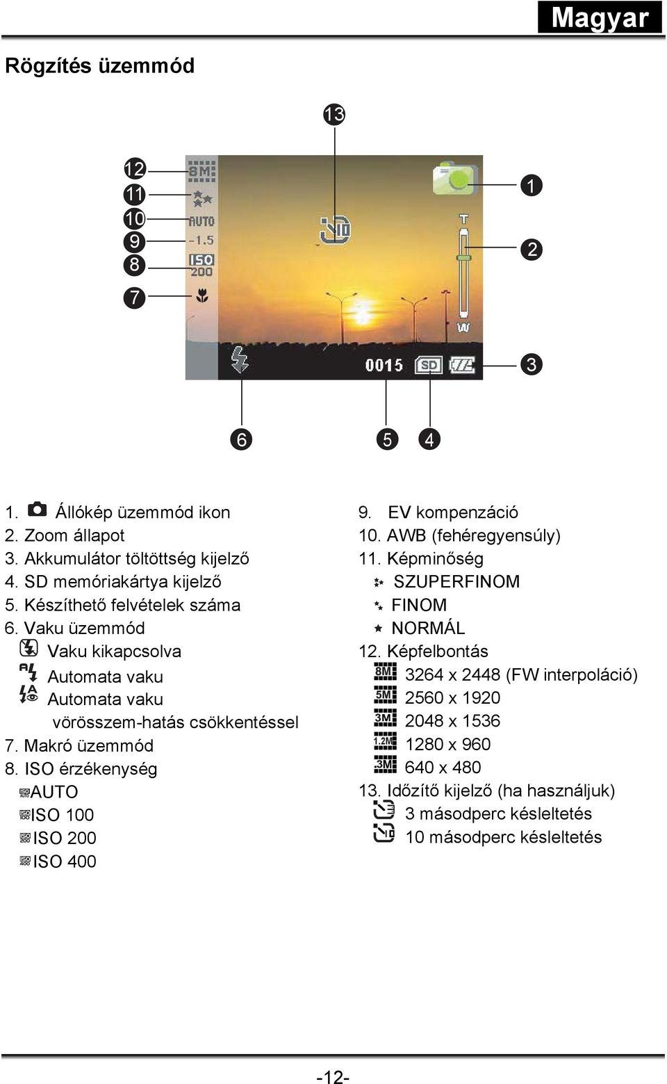 ISO érzékenység AUTO ISO 100 ISO 200 ISO 400 9. EV kompenzáció 10. AWB (fehéregyensúly) 11. Képminőség SZUPERFINOM FINOM NORMÁL 12.