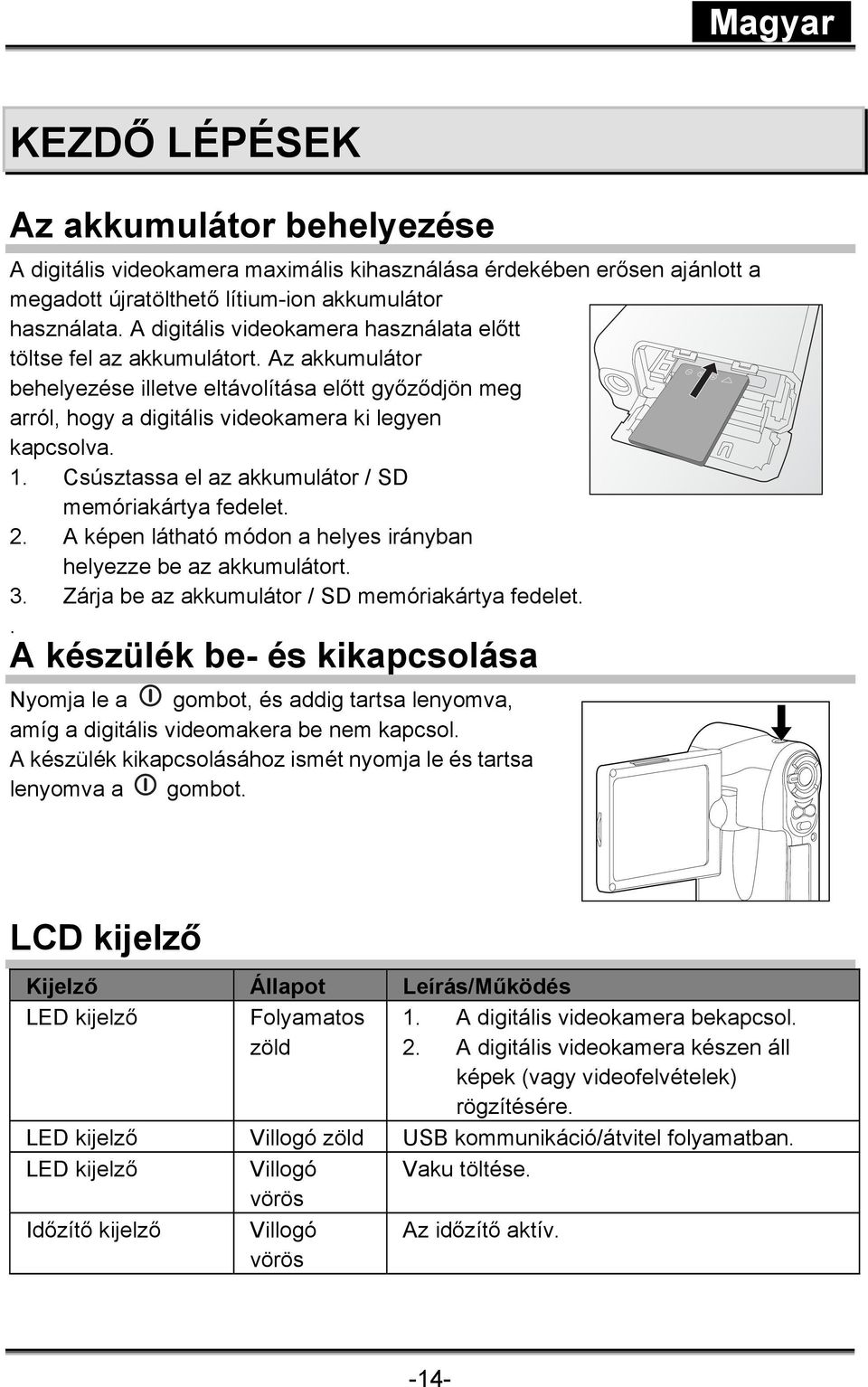 Csúsztassa el az akkumulátor / SD memóriakártya fedelet. 2. A képen látható módon a helyes irányban helyezze be az akkumulátort. 3. Zárja be az akkumulátor / SD memóriakártya fedelet.