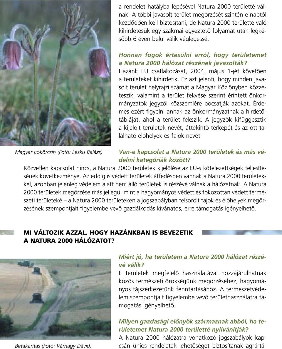 Honnan fogok értesülni arról, hogy területemet a Natura 2000 hálózat részének javasolták? Hazánk EU csatlakozását, 2004. május 1-jét követôen a területeket kihirdetik.