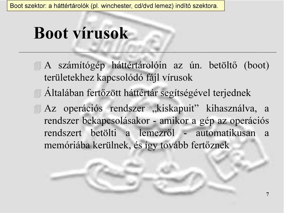 betöltő (boot) területekhez kapcsolódó fájl vírusok Általában fertőzött háttértár segítségével terjednek