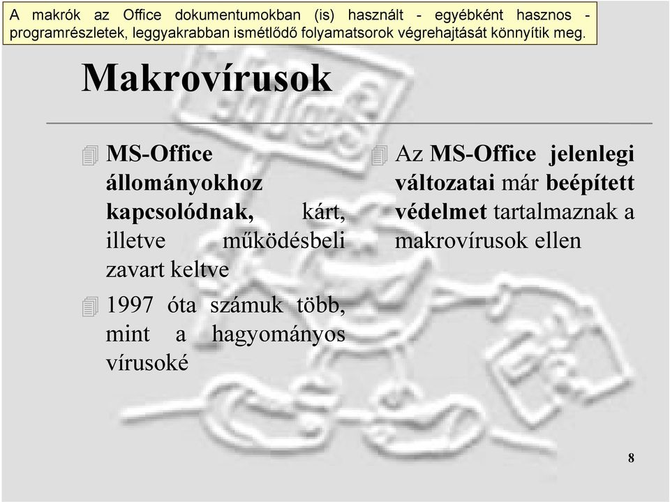 Makrovírusok MS-Office állományokhoz kapcsolódnak, kárt, illetve működésbeli zavart keltve 1997