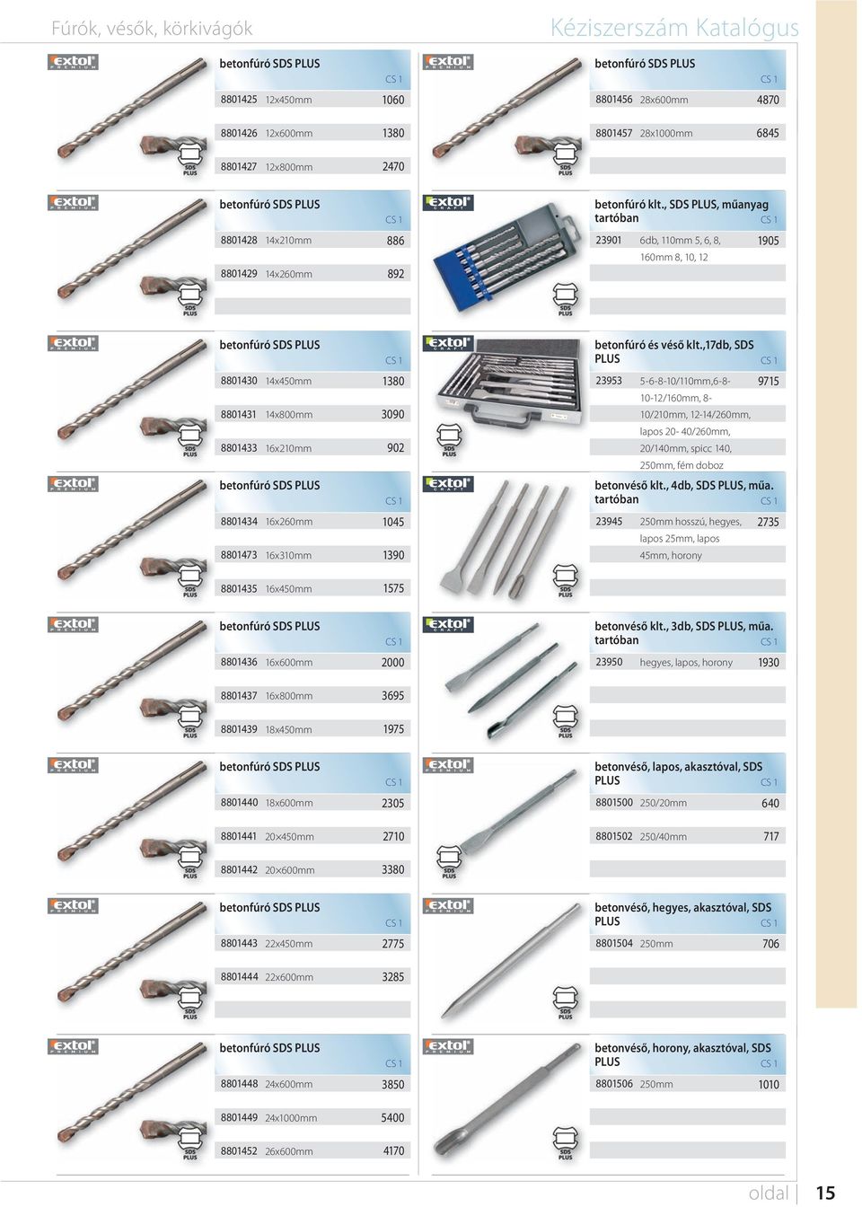 véső klt.,17db, SDS PLUS 23953 5-6-8-10/110mm,6-8- 10-12/160mm, 8-10/210mm, 12-14/260mm, lapos 20-40/260mm, 20/140mm, spicc 140, 250mm, fém doboz 9715 betonvéső klt., 4db, SDS PLUS, műa.