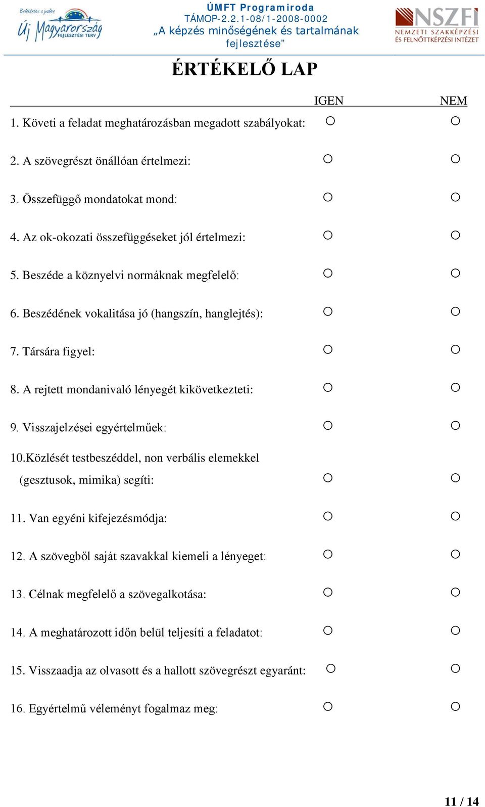 A rejtett mondanivaló lényegét kikövetkezteti: 9. Visszajelzései egyértelműek: 10.Közlését testbeszéddel, non verbális elemekkel (gesztusok, mimika) segíti: 11.