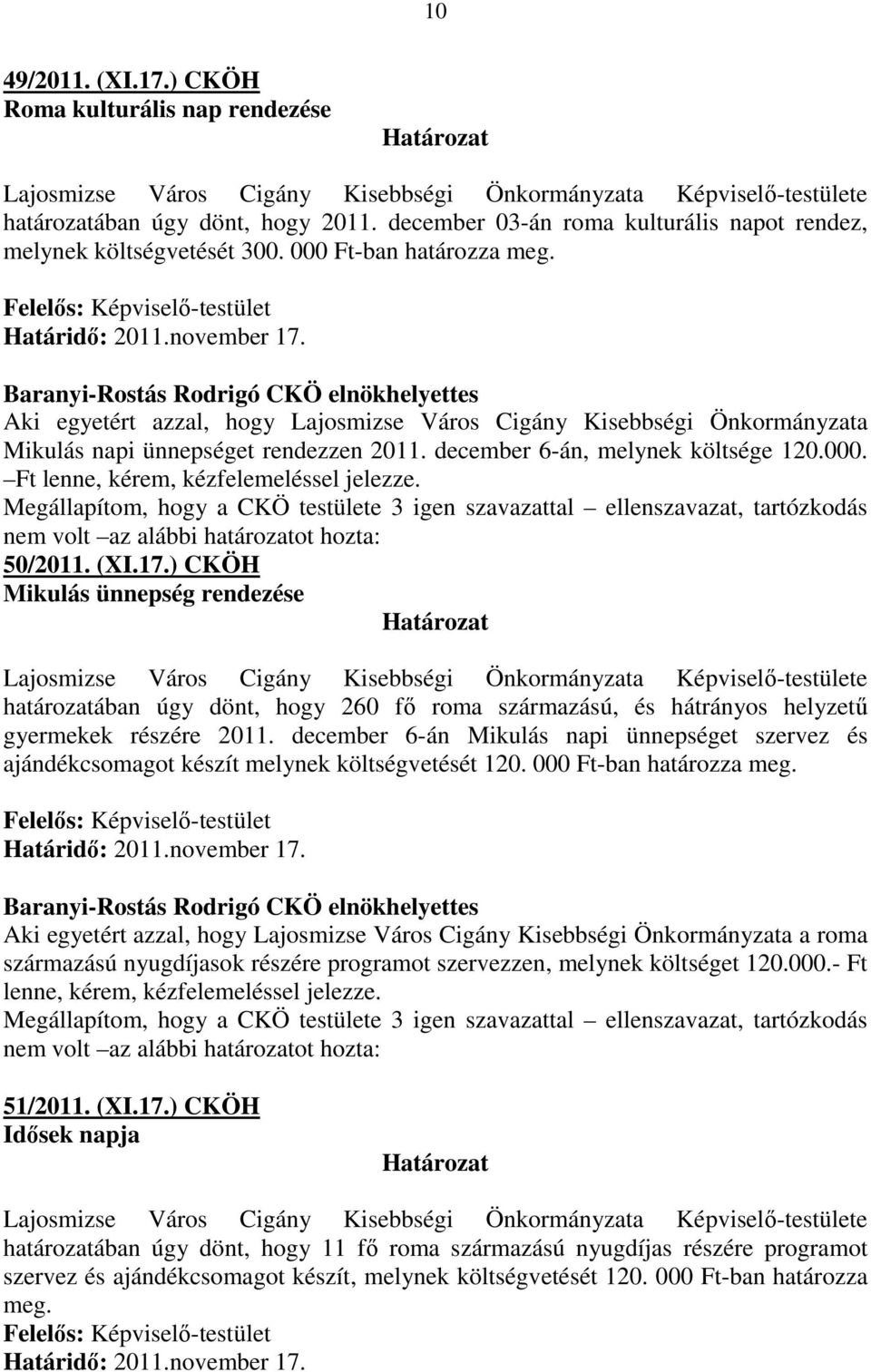 Aki egyetért azzal, hogy Lajosmizse Város Cigány Kisebbségi Önkormányzata Mikulás napi ünnepséget rendezzen 2011. december 6-án, melynek költsége 120.000. Ft lenne, kérem, kézfelemeléssel jelezze.