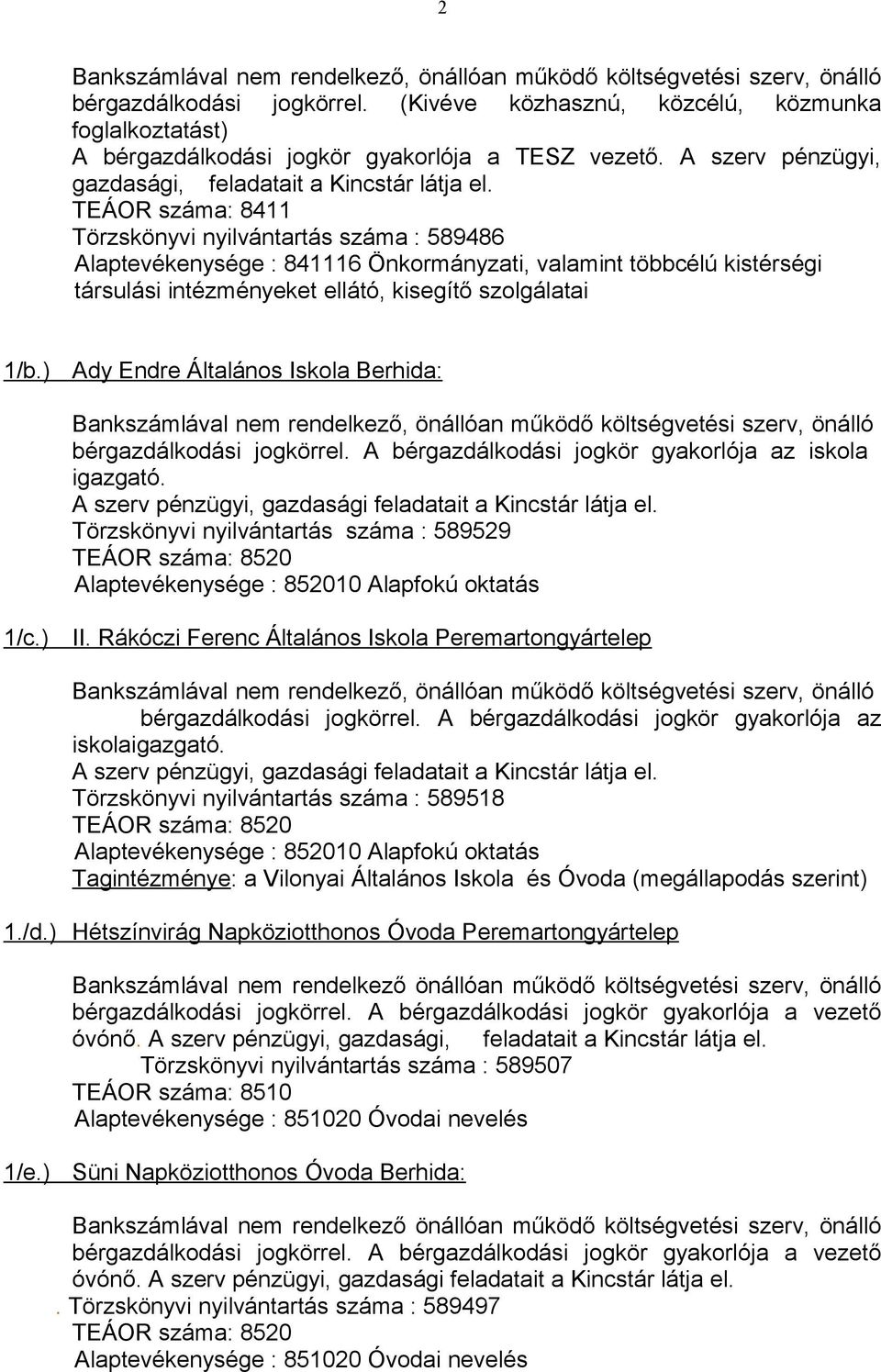 ) Ady Endre Általános Iskola Berhida: bérgazdálkodási jogkörrel. A bérgazdálkodási jogkör gyakorlója az iskola igazgató. A szerv pénzügyi, gazdasági feladatait a Kincstár látja el.