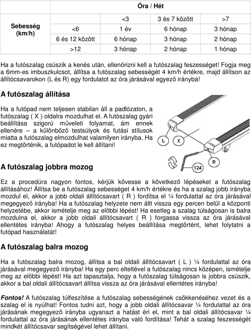 A futószalag állítása Ha a futópad nem teljesen stabilan áll a padlózaton, a futószalag ( X ) oldalra mozdulhat el.