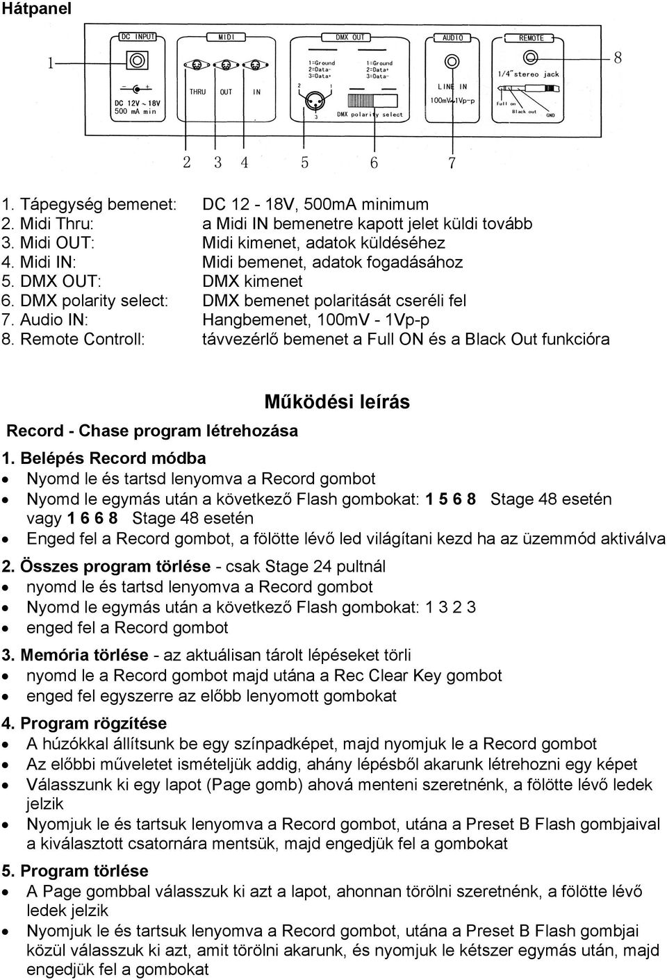 Remote Controll: távvezérlő bemenet a Full ON és a Black Out funkcióra Működési leírás Record - Chase program létrehozása 1.