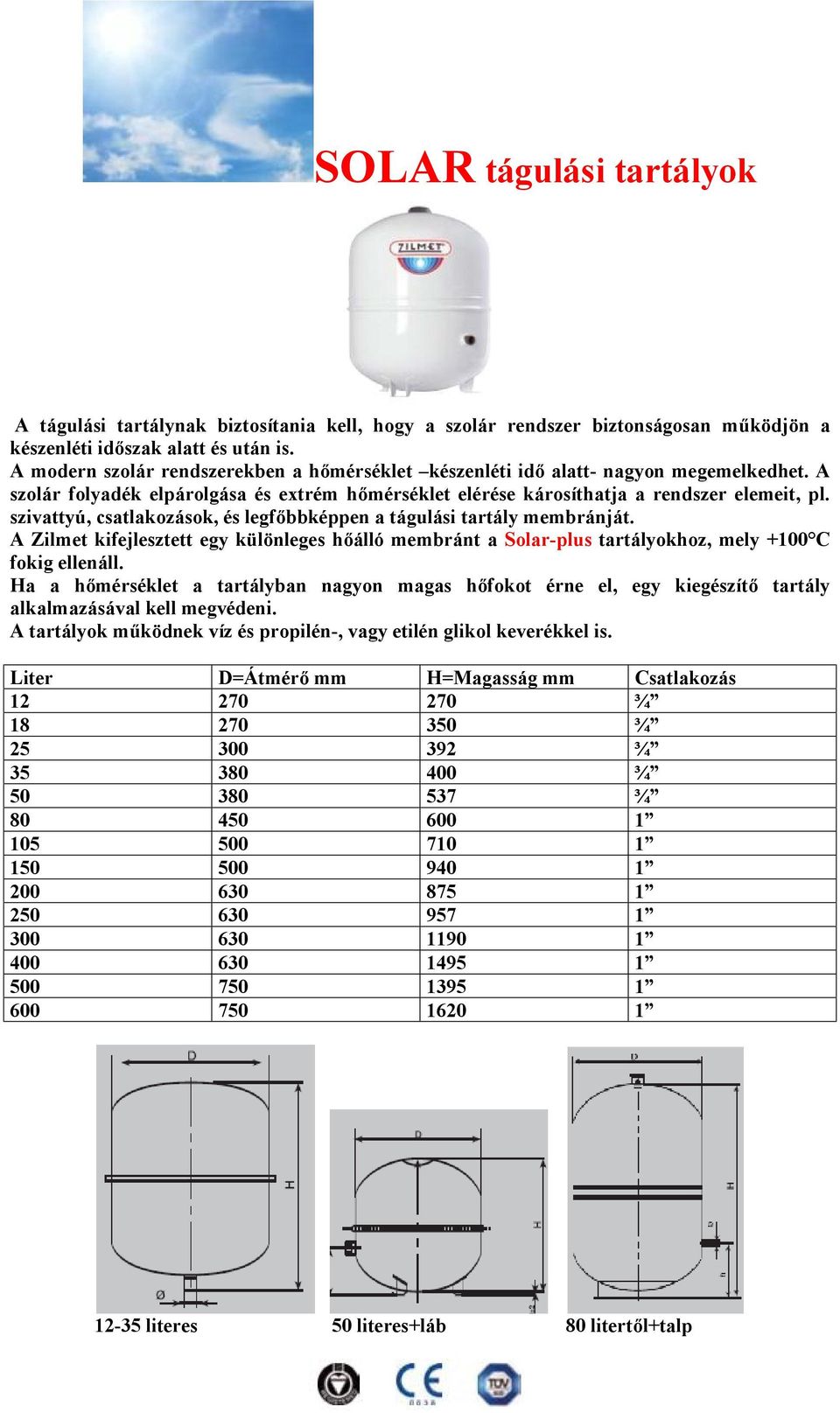 szivattyú, csatlakozások, és legfőbbképpen a tágulási tartály membránját. A Zilmet kifejlesztett egy különleges hőálló membránt a Solar-plus tartályokhoz, mely +100 C fokig ellenáll.