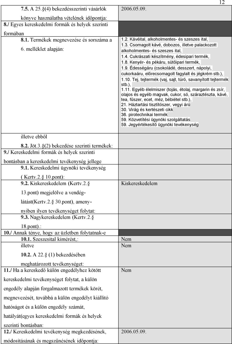 Cukrászati készítmény, édesipari termék, 1.8. Kenyér- és pékáru, sütőipari termék, 1.9. Édességáru (csokoládé, desszert, nápolyi, cukorkaáru, előrecsomagolt fagylalt és jégkrém stb.), 1.10.