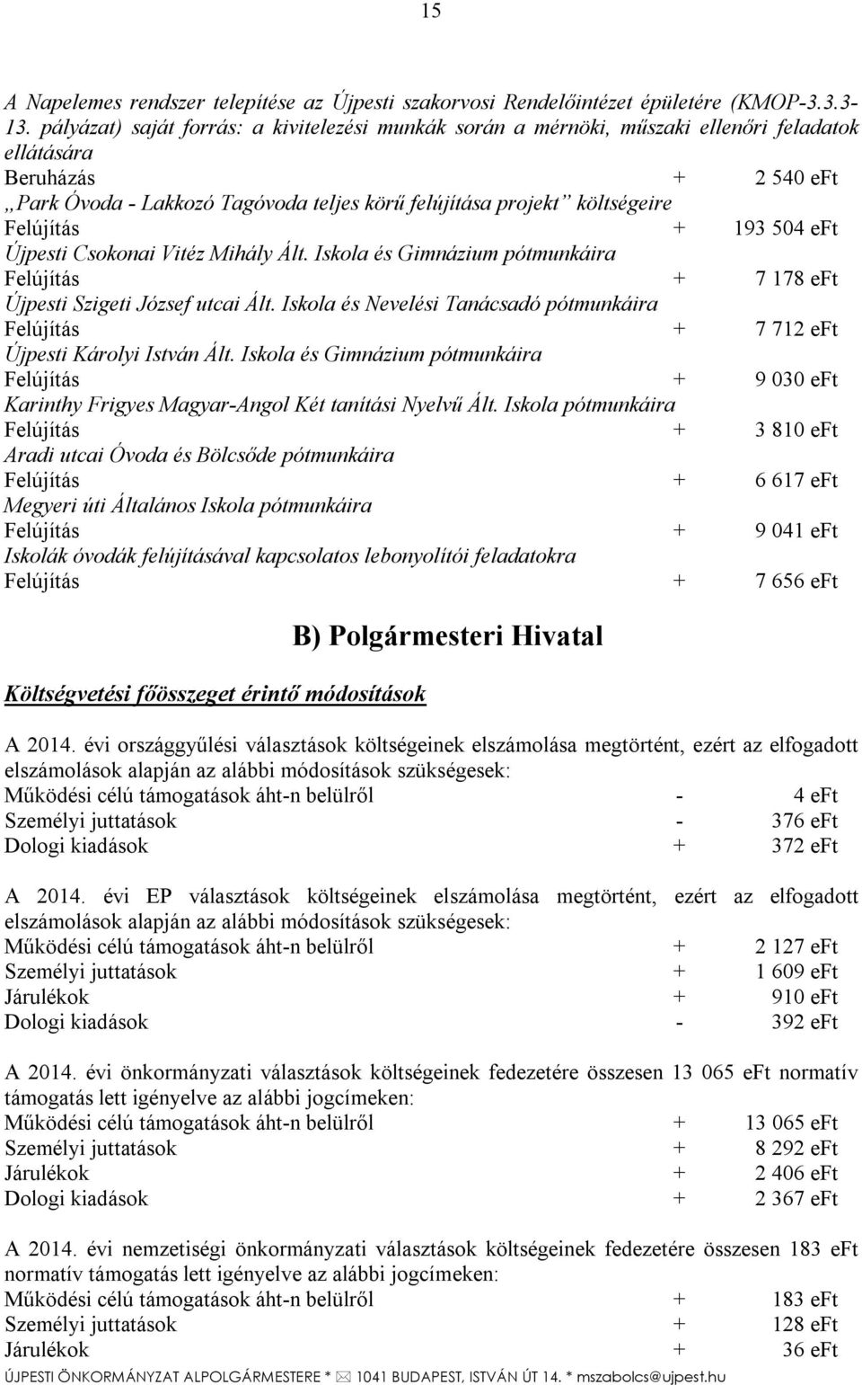 Felújítás + 193 504 eft Újpesti Csokonai Vitéz Mihály Ált. Iskola és Gimnázium pótmunkáira Felújítás + 7 178 eft Újpesti Szigeti József utcai Ált.