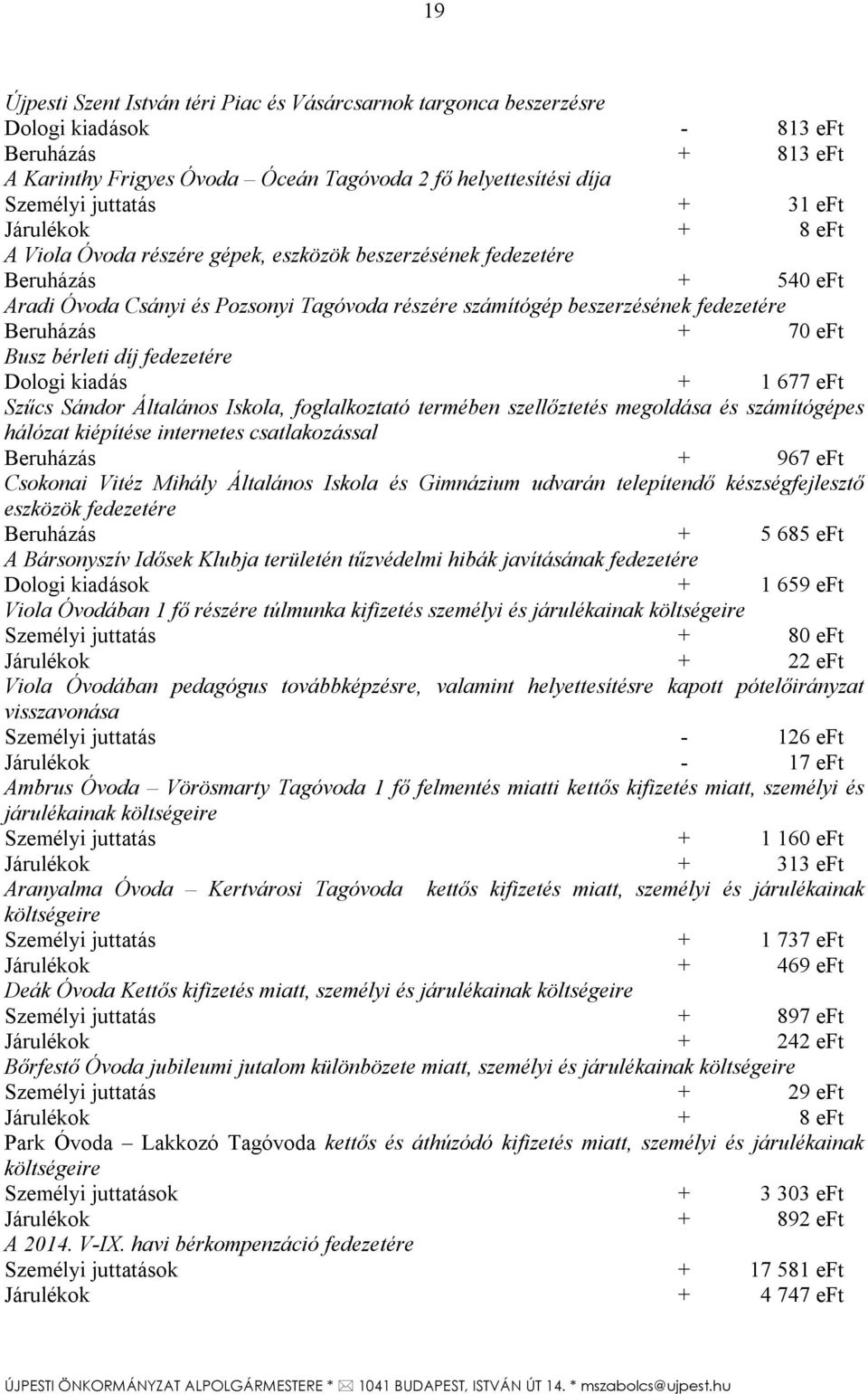 Beruházás + 70 eft Busz bérleti díj fedezetére Dologi kiadás + 1 677 eft Szűcs Sándor Általános Iskola, foglalkoztató termében szellőztetés megoldása és számítógépes hálózat kiépítése internetes