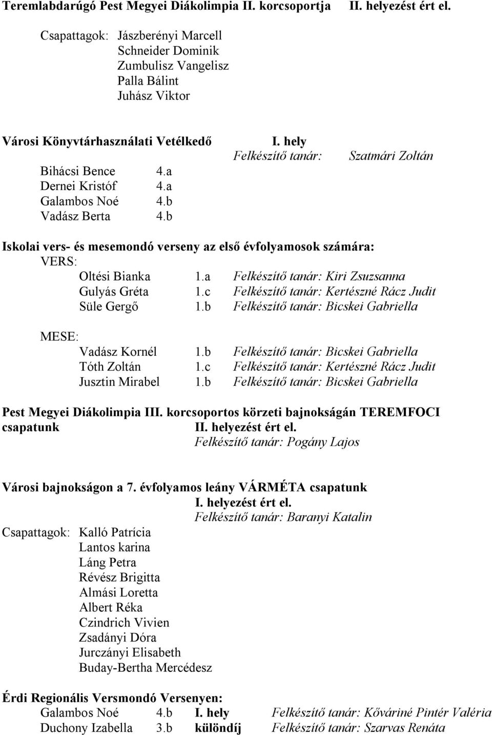 b Vadász Berta 4.b I. hely Felkészítő tanár: Szatmári Zoltán Iskolai vers- és mesemondó verseny az első évfolyamosok számára: VERS: Oltési Bianka 1.a Felkészítő tanár: Kiri Zsuzsanna Gulyás Gréta 1.