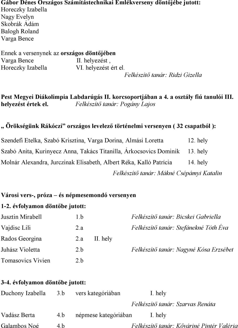 Felkészítő tanár: Pogány Lajos Örökségünk Rákóczi országos levelező történelmi versenyen ( 32 csapatból ): Szendefi Etelka, Szabó Krisztina, Varga Dorina, Almási Loretta 12.