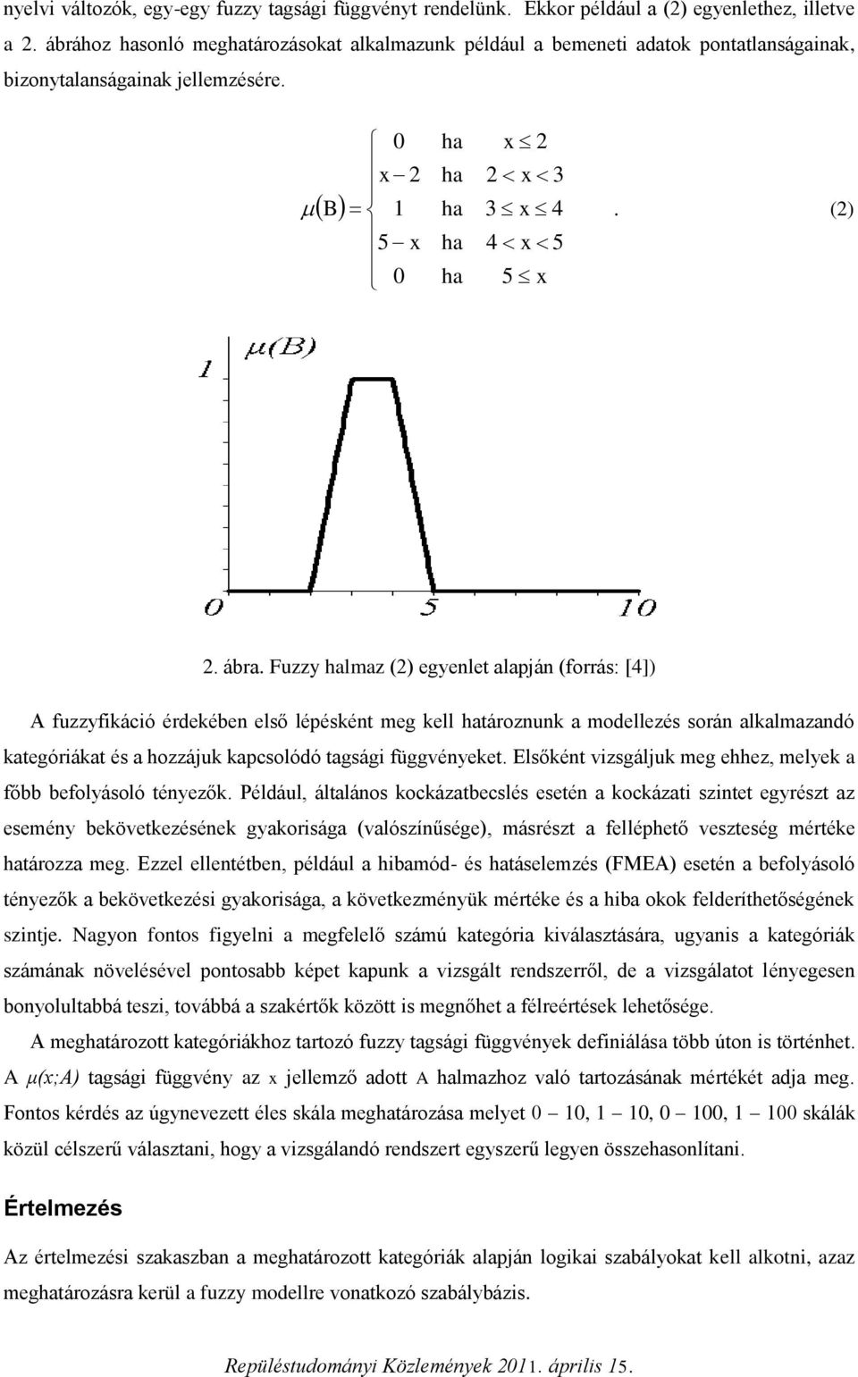 Fuzzy halmaz (2) egyenlet alapján (forrás: [4]) A fuzzyfikáció érdekében első lépésként meg kell határoznunk a modellezés során alkalmazandó kategóriákat és a hozzájuk kapcsolódó tagsági függvényeket.