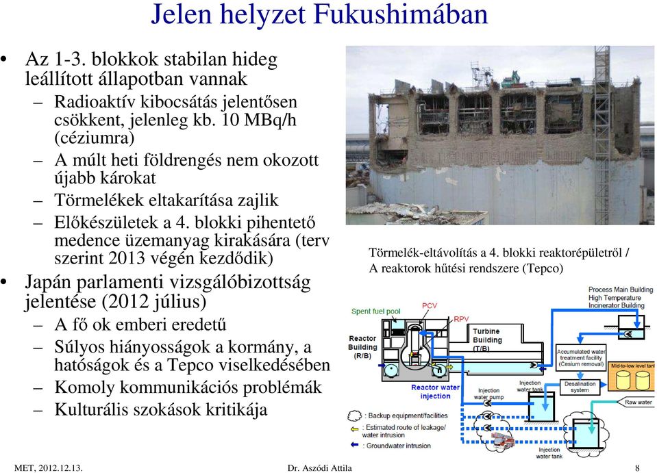 blokki pihentető medence üzemanyag kirakására (terv szerint 2013 végén kezdődik) Japán parlamenti vizsgálóbizottság jelentése (2012 július) A fő ok emberi eredetű