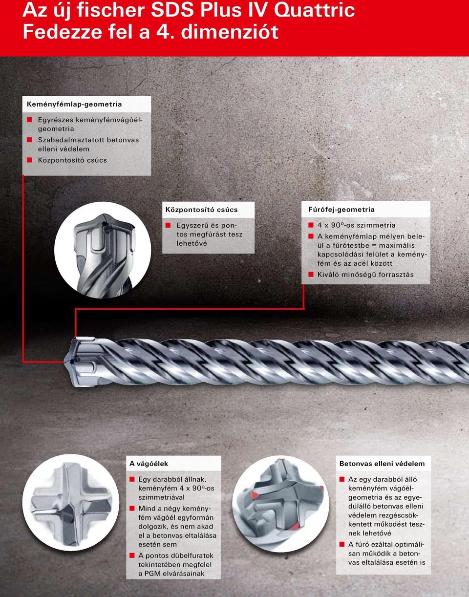 Fúrófej-geometria 4 x 90 o -os szimmetria A keményfémlap mélyen beleül a fúrótestbe = maximális kapcsolódási felület a keményfém és az acél között Kiváló minőségű forrasztás A vágóélek Egy darabból