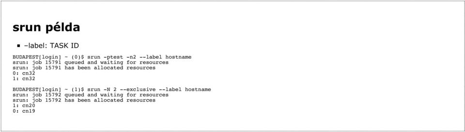 cn32 1: cn32 BUDAPEST[login] ~ (1)$ srun -N 2 --exclusive --label hostname srun: job 15792